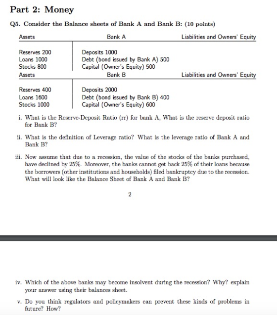 Part 2: Money Q5. Consider the Balance sheets of Bank A and Bank B: (10 points) Assets Bank A Liabilities and Owners Equity