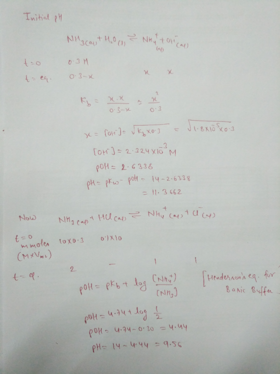 Initial pH Ntg cast Hoca, Nytorica) too 0.3M 0.3nx teg. kh= x.x & no 0.3-1 x = rostla v kq xo:3 - J 1.8x105x013 [CH] = 2.324x