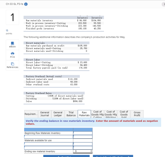 Ch 03 GL P3-1a 1 Inventory 86, 000 Inventory Raw materials inventory Work in process inventory-Cutting Work in process invent