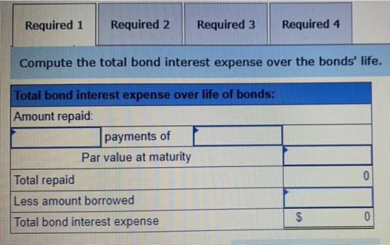 Required 1 Required 2 Required 3 Required 4 Compute the total bond interest expense over the bonds life. Total bond interest
