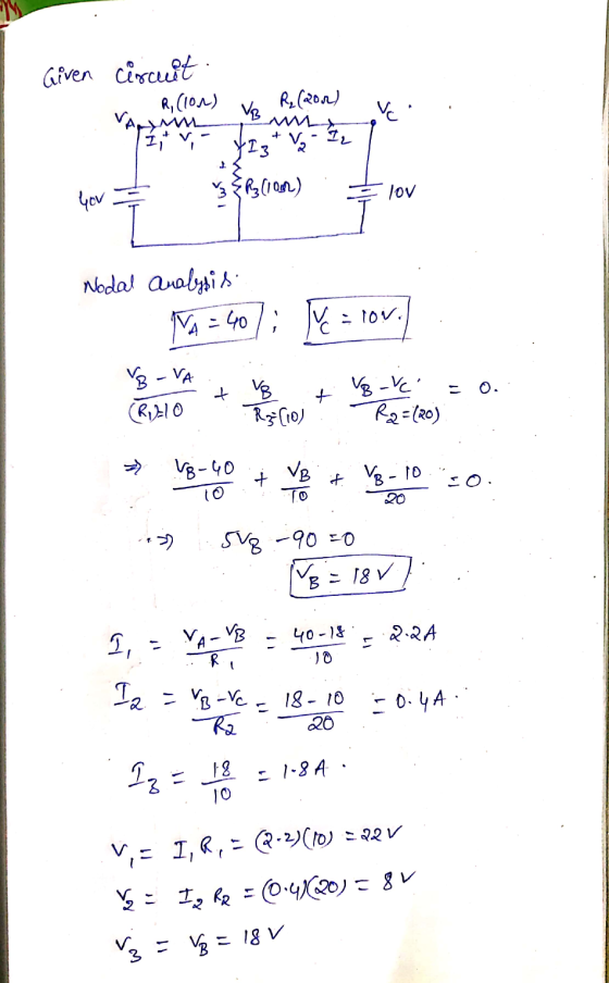 Given circuit R, (lon) R, (2011 VB Vc 1 tv, + V. - IL YI3 2 you 3R3 (100m) lov Nodal analysis NA = 40); lue=ior. VB - VA (Ri=