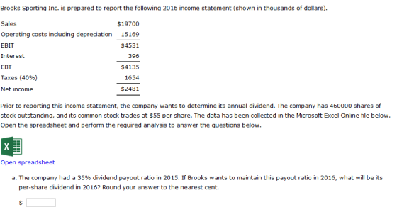 Brooks Sporting Inc. is prepared to report the following 2016 income statement (shown in thousands of dollars). Sales Operati