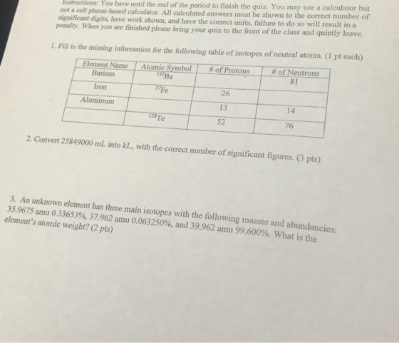 Instructions: You have until the end of the period to finish the quiz. You may use a calculator but not a cell phone-based ca