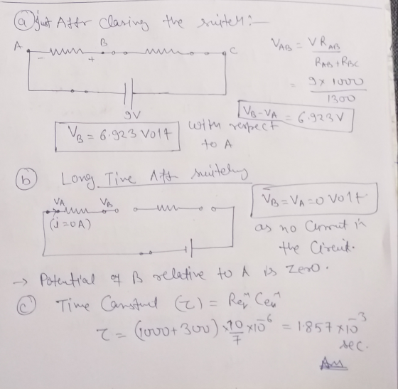 a Just Affor clasing the suited ? un B VAB = V RAB RABTRBC 1300 VB-VA = 6.923 v 6 B = 6.923 Volt with respect to A Long Time
