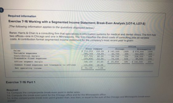 Required information Exercise 7-16 Working with a Segmented Income Statement: Break-Even Analysis (L07-4, L07-5) The followin