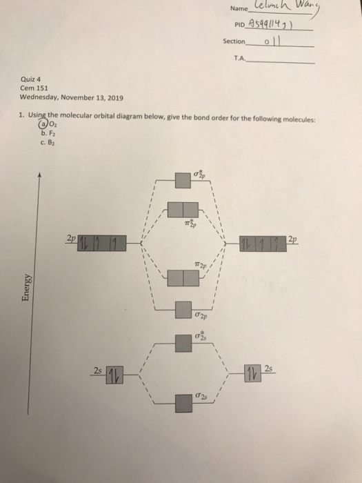 ne lelunch Wan PID 4599149) Section_ o1l TA Quiz 4 Cem 151 Wednesday, November 13, 2019 1. Using the molecular orbital diagra