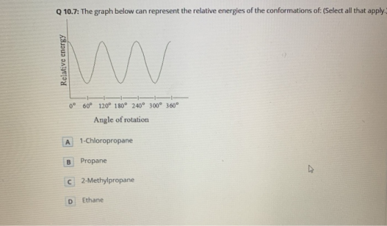 Q 10.7: The graph below can represent the relative energies of the conformations of: (Select all that apply. Relative energy