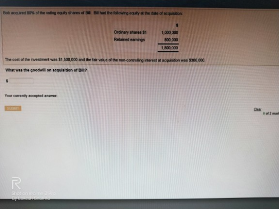 Bob acquired 80% of the voting equity shares of Bi Bi had the following equity at the date of acquisition 1,000,000 Ordinary