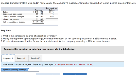 Engberg Company installs lawn sod in home yards. The companys most recent monthly contribution format income statement follo