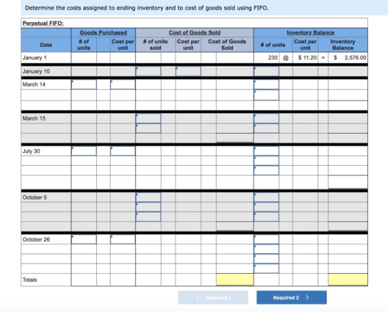 Determine the costs assigned to ending inventory and to cost of goods sold using FIFO. Perpetual FIFO: Goods Purchased # of C
