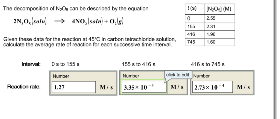 t (s) IN2Os] (M) 0 155 2.31 416 1.96 745 1.60 The decomposition of N20s can be described by the equation 2.55 2N205(soln) → 4NO2(soln) +02(g) Given these data for the reaction at 45°C in carbon tetrachloride solution, calculate the average rate of reaction for each successive time interval. Interval: s to 155 s 155 s to 416 s 416 s to 745 s Number Number click to edit Number Reaction rate: 1.27 M/s 3.35 x 104M/s 2.73x 104M/s