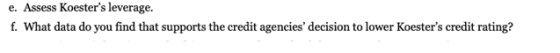 e. Assess Koesters leverage. f. What data do you find that supports the credit agencies decision to lower Koesters credit