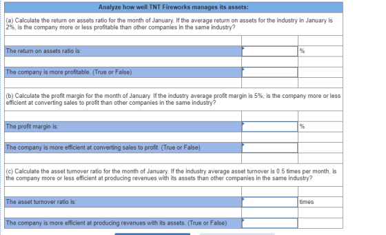 Analyze how well TNT Fireworks manages its assets: (a) Calculate the return on assets ratio for the month of January. If the