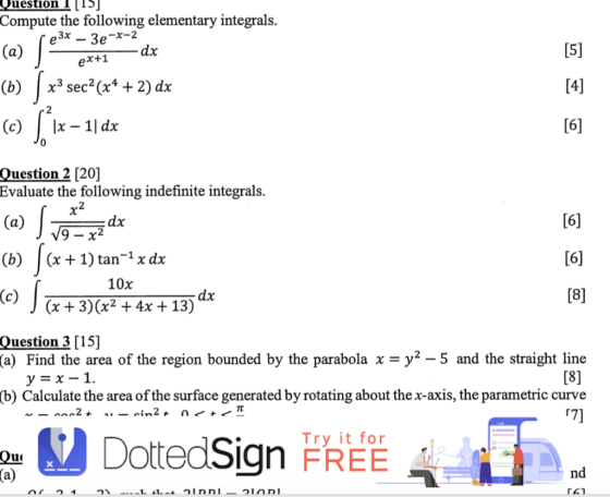 Question [15] Compute the following elementary integrals. 3x dx 3e-*-2 ex+1 [5] x3 sec?(x4 + 2) dx [4] (b) S (0) Lix - 1dx [6