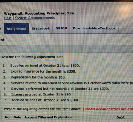 Weygandt, Accounting Principles, 13e Help System Announcements Assignment Gradebook ORION Downloadable eTextbook ent Assume t