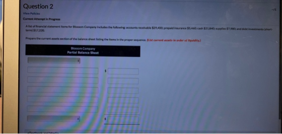 Question 2 Current Attempt in Progress A list of francial statement items for Blossom Company includes the following accounts