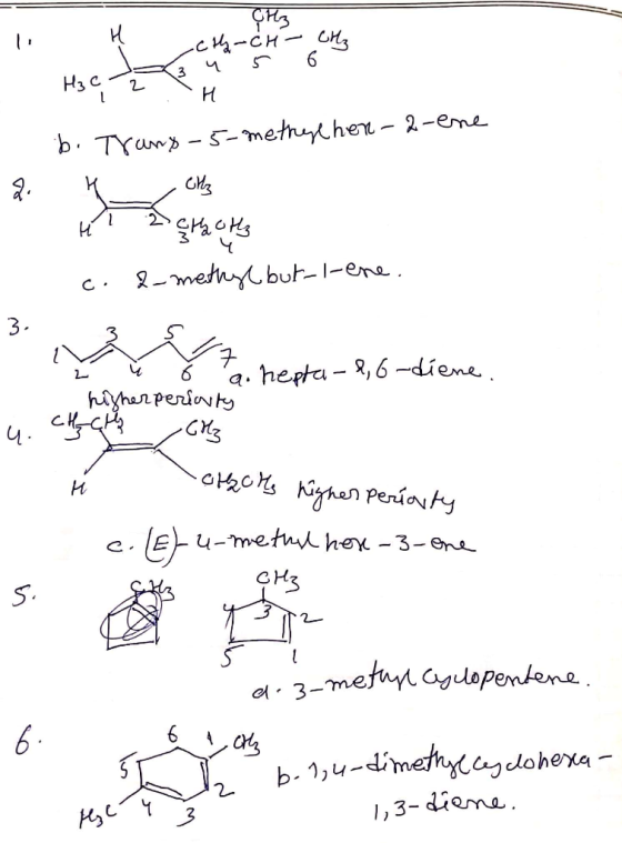 - ķ ch-CM- city ? en H3C 1. b. Tranx-5-methylher-2-ene 2. Hu City 말는 1 c. c. 2-methyl but-i-ene. 3. ý ŏ a. hepta-2, 6-diene