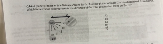 Q14. A planet of mass m is a distance d from Earth. Another planet of mass 2m is a distance d from Earth. Which force vector best represents the direction of the total gravitation force on Earth? A) B) C) D) E) d) c) al b)