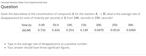 Calculate Reaction Rates From Experimental Data Question Given the data below of the concentration of compound A for the reac