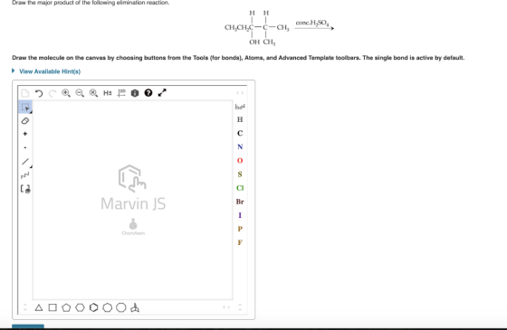 Draw the major product of the following elimination reaction. HH CH,CH,C-C-CH, conc.H SO OH CH3 Draw the molecule on the canv