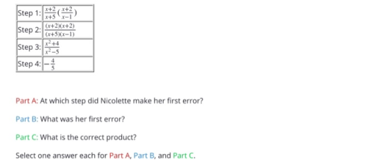 Step 2: x+2x+2 X+5x-1 (x+2)(x+2) (x+5)(x-1) x2+4 Step 3: Step 4: Part A: At which step did Nicolette make her first error? Pa