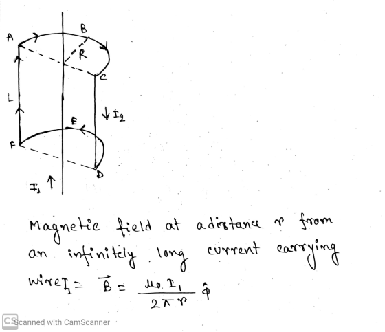 A C L 19 E I, ↑ Magnetic field field at a distance from current earrying an infinitely long wire} = B = Mo. I, A 2 TV CSscann