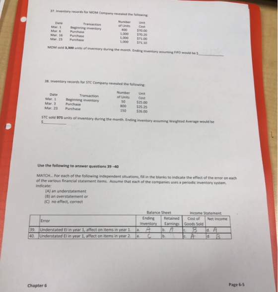 37. Inventory records for MOM Company revealed the following Number Date Mar. 1 Mar. 6 Mar. 16 Mar. 23 Transaction Beginning