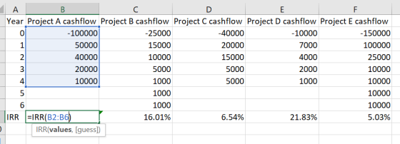 А Year Project A cashflow Project B cashflow Project C cashflow Project D cashflow Project E cashflow -100000 -25000 -40000 -