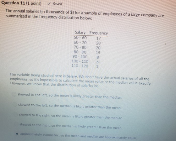 Question 11 (1 point) Saved The annual salaries (in thousands of S) for a sample of employees of a large company are summarized in the frequency distribution below: Salary Frequency 50 6017 60-70 28 70-80 20 80-90 15 90-100 8 100 110 6 110 120 3 The variable being studied here is Salary. We dont have the actual salaries of all the employees, so its impossible to calculate the mean value or the median value exactly. However, we know that the distribution of salaries is: skewed to the left, so the mean is likely greater than the median. skewed to the left, so the median is likely greater than the mean. skewed to the right, so the mean is likely greater than the median. skewed to the right, so the median is likely greater than the mean. e approximately symmetric, so the mean and median are approximately equal