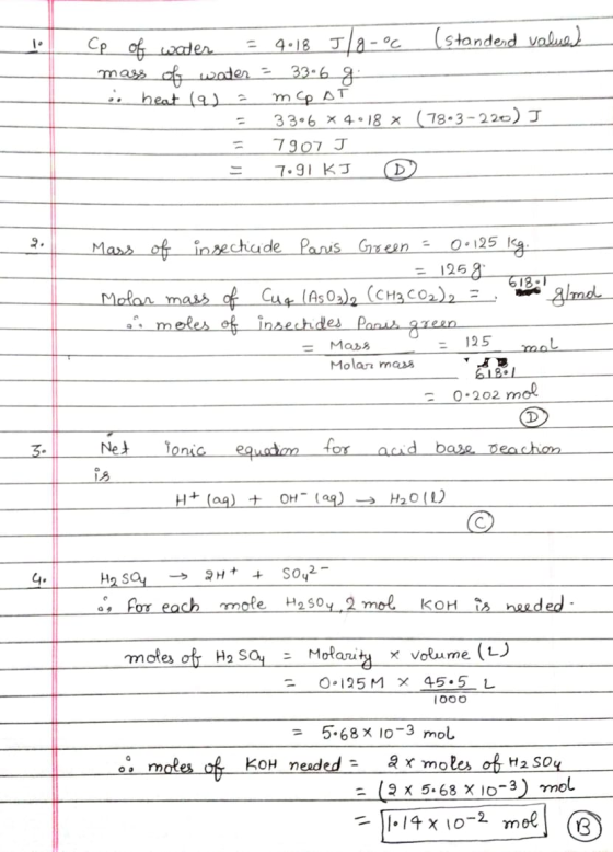 1° 33.6 g Cp of water 4.18 J/a-oc (standend valued mass of water = heat (a) mPAT 33-6 4018 (7893-220) J 7907 J 7.91 kJ 0 125