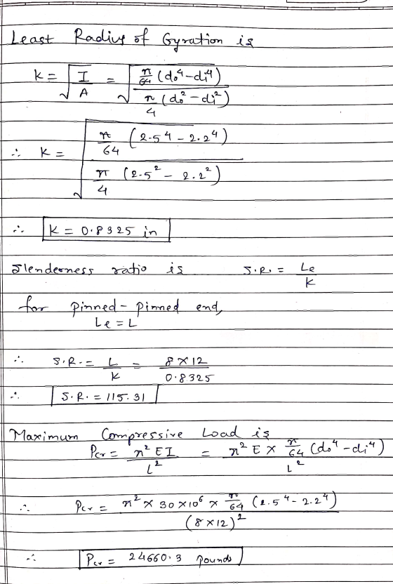 ES Least Rading of Gyration is + Kalim (051-. (dodi) A (2.52 2.2²) 4. in Ik= 0.8325 in glendeoness ratio es J R = Lo - pinned