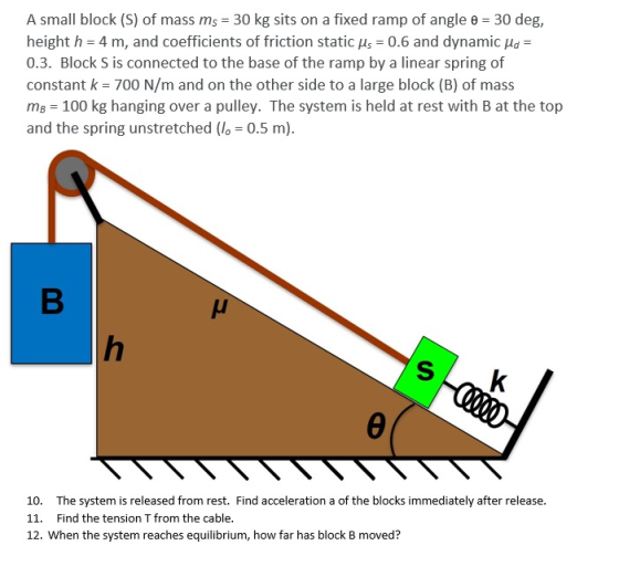 A small block (s) of mass ms = 30 kg sits on a fixed ramp of angle a = 30 deg, height h = 4 m, and coefficients of friction s