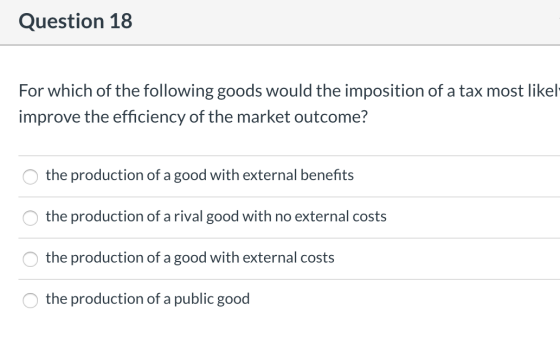 Question 18 For which of the following goods would the imposition of a tax most likely improve the efficiency of the market o