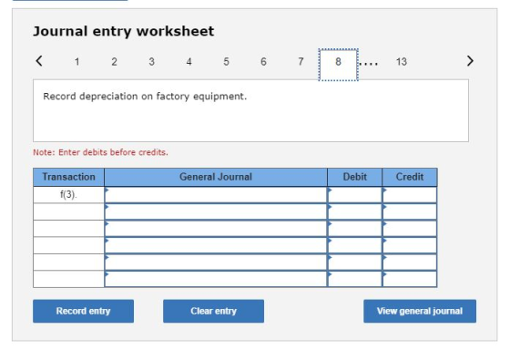Journal entry worksheet < 1 2 3 3 4 5 6 7 8 13 Record depreciation on factory equipment. Note: Enter debits before credits. G