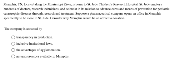Memphis, TN, located along the Mississippi River, is home to St. Jude Childrens Research Hospital. St. Jude employs hundreds of doctors, research technicians, and scientist in its mission to advance cures and means of prevention for pediatric catastrophic diseases through research and treatment. Suppose a pharmaceutical company opens an office in Memphis specifically to be close to St. Jude. Consider why Memphis would be an attractive location. The company is attracted by O transparency in production O inclusive institutional laws. the advantages of agglomeration. natural resources available in Memphis.