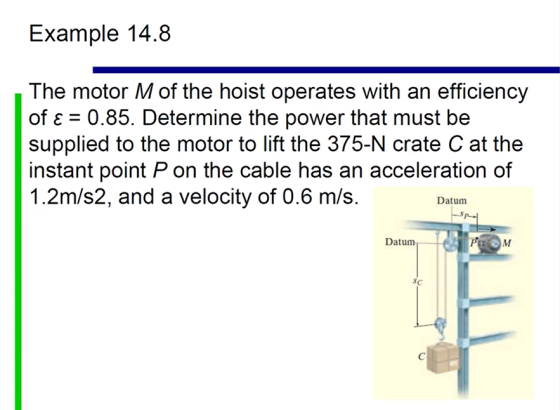 Example 14.8 The motor M of the hoist operates with an efficiency of E 0.85. Determine the power that must be supplied to the