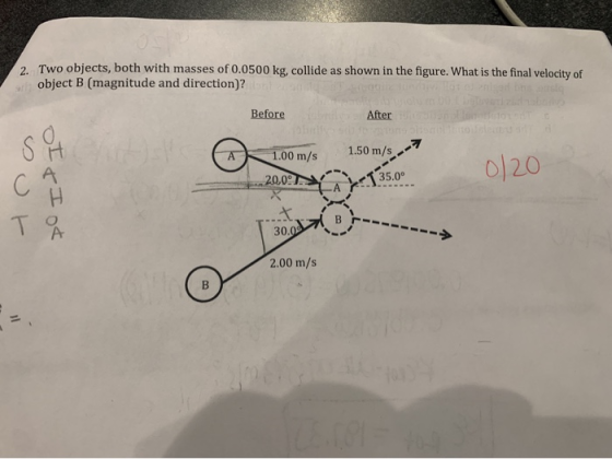 2. Two objects, both with masses of 0.0500 kg, collide as shown in the figure. What is the final velocity of object B (magnit