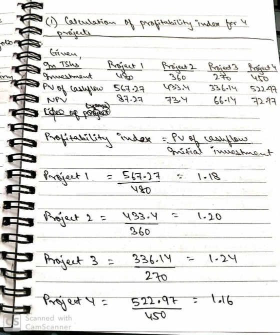 1 Calculation of profitability indere for y Goto projecte L A - 5 Griven on Tshs Project Project 2 Project 3 Project 4 gruesh