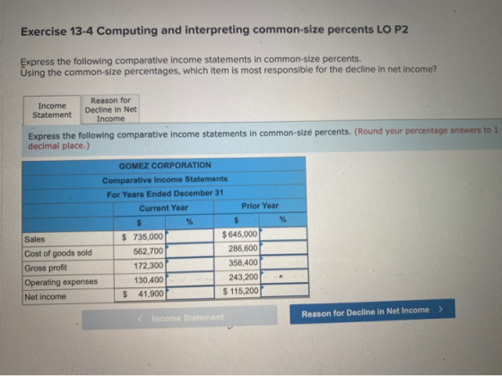 Exercise 13-4 Computing and interpreting common-size percents LO P2 Express the following comparative income statements in co