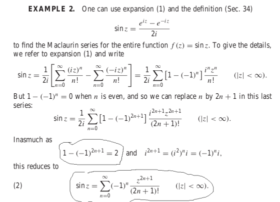 EXAMPLE 2. One can use expansion (1) and the definition (Sec. 34) eiz sin z = 2i = sin z. To give the details, to find the M