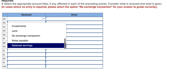 Required: 1. Select the appropriate account titles, if any, affected in each of the preceding events. Consider what is receiv