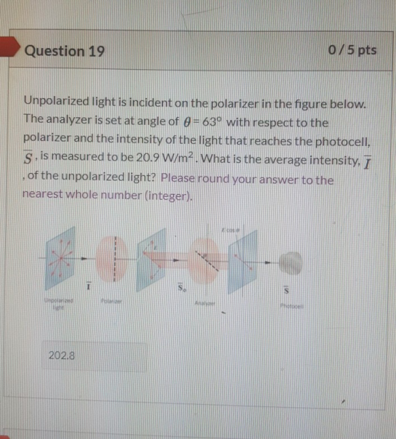 Question 19 0/5 pts Unpolarized light is incident on the polarizer in the figure below. The analyzer is set at angle of g = 6