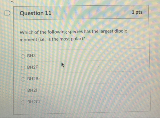 D Question 11 stion 1 pts Which of the following species has the largest dipole moment (i.e., is the most polar)? овнз © 12 C