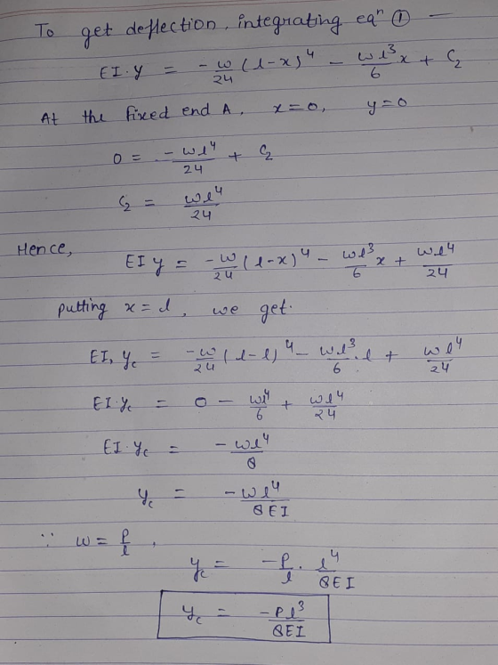 To I At get deflection, integrating eq 0 EI.Y = - w (1-x) - wsx + G the fixed end A x=0, y-o. L4 24 24 Hence, 24 putting x=