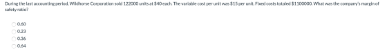 During the last accounting period, Wildhorse Corporation sold 122000 units at $40 each. The variable cost per unit was $15 pe