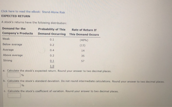 Click here to read the eBook: Stand Alone Risk EXPECTED RETURN A stocks returns have the following distribution: Demand for
