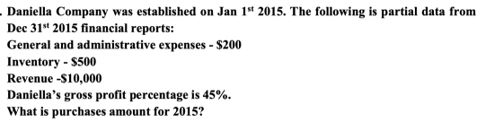 - Daniella Company was established on Jan 1st 2015. The following is partial data from Dec 31st 2015 financial reports: Gener