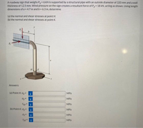 Aroadway sign that weighs Py = 6 kN is supported by a structural pipe with an outside diameter of 320 mm and a wall thickness