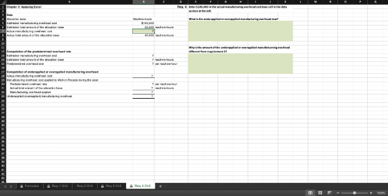 A M P D H Req. 4: Enter $100,000 in the actual manufacturing overhead cost base cell in the data section at the left. What is