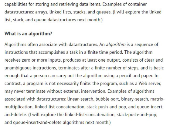 capabilities for storing and retrieving data items. Examples of container datastructures: arrays, linked lists, stacks, and q